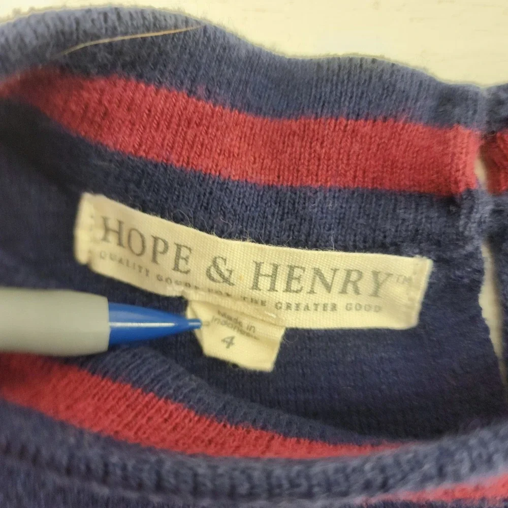Hope & Henry Navy Blue Red Stripe Bow Knit Organic Cotton Dress‎ Kids Size 4